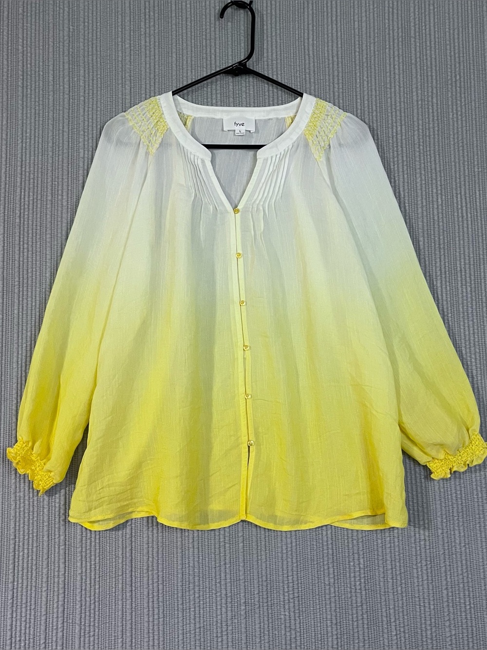 Fyve Smocked Bohemian Peasant Top Yellow White Ombré Semi-sheer Womens L